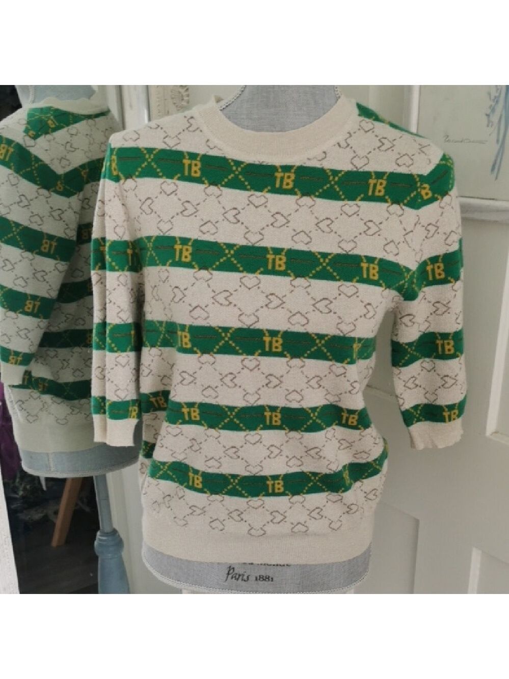 Womens JIANYUE Unique Green/Beige Jacquard Knit Cashmere Blend Sweater Y2K. L - Picture 2 of 6